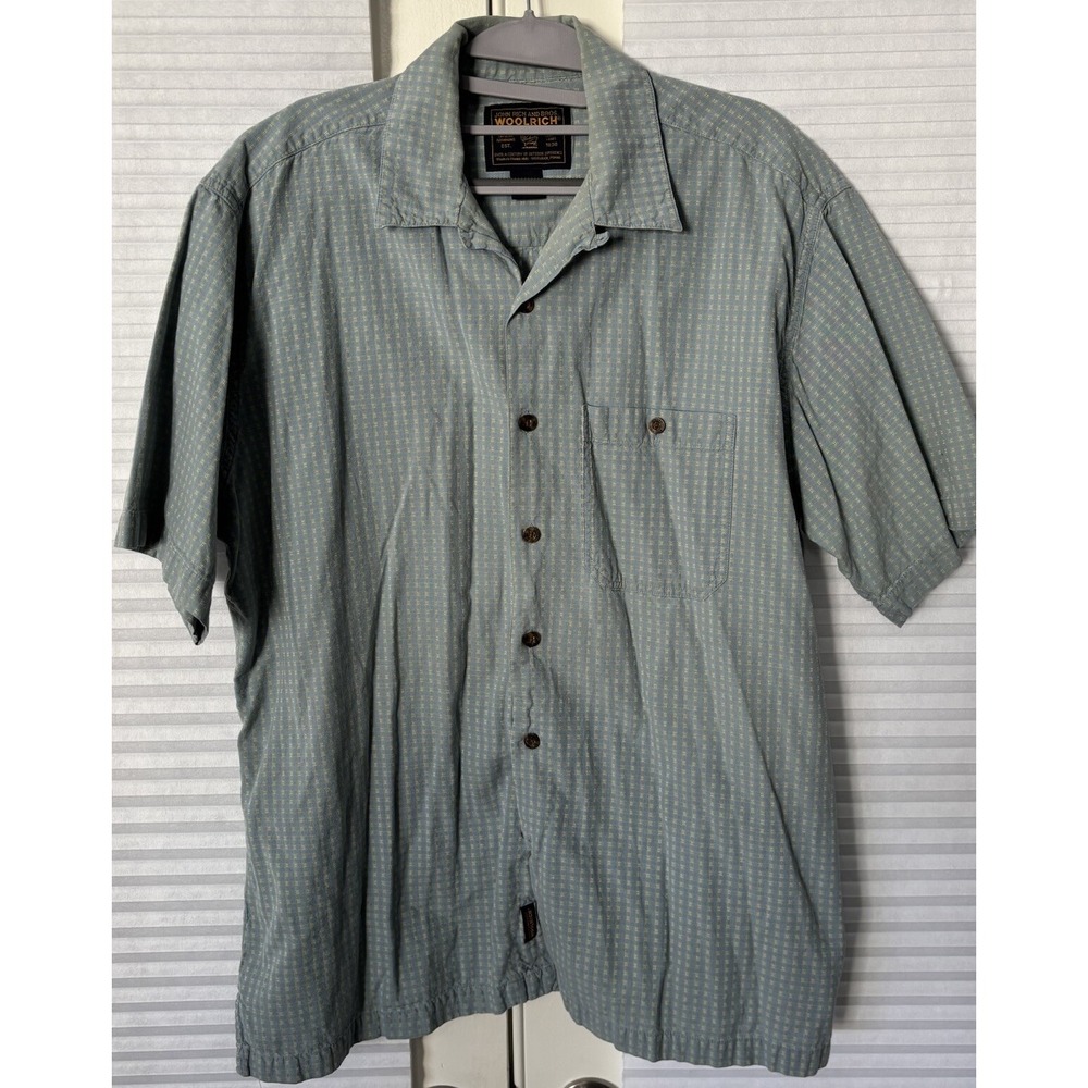 Woolrich Plaid Button Up Short Sleeve Shirt Blue Men's Size L Plaid Textured